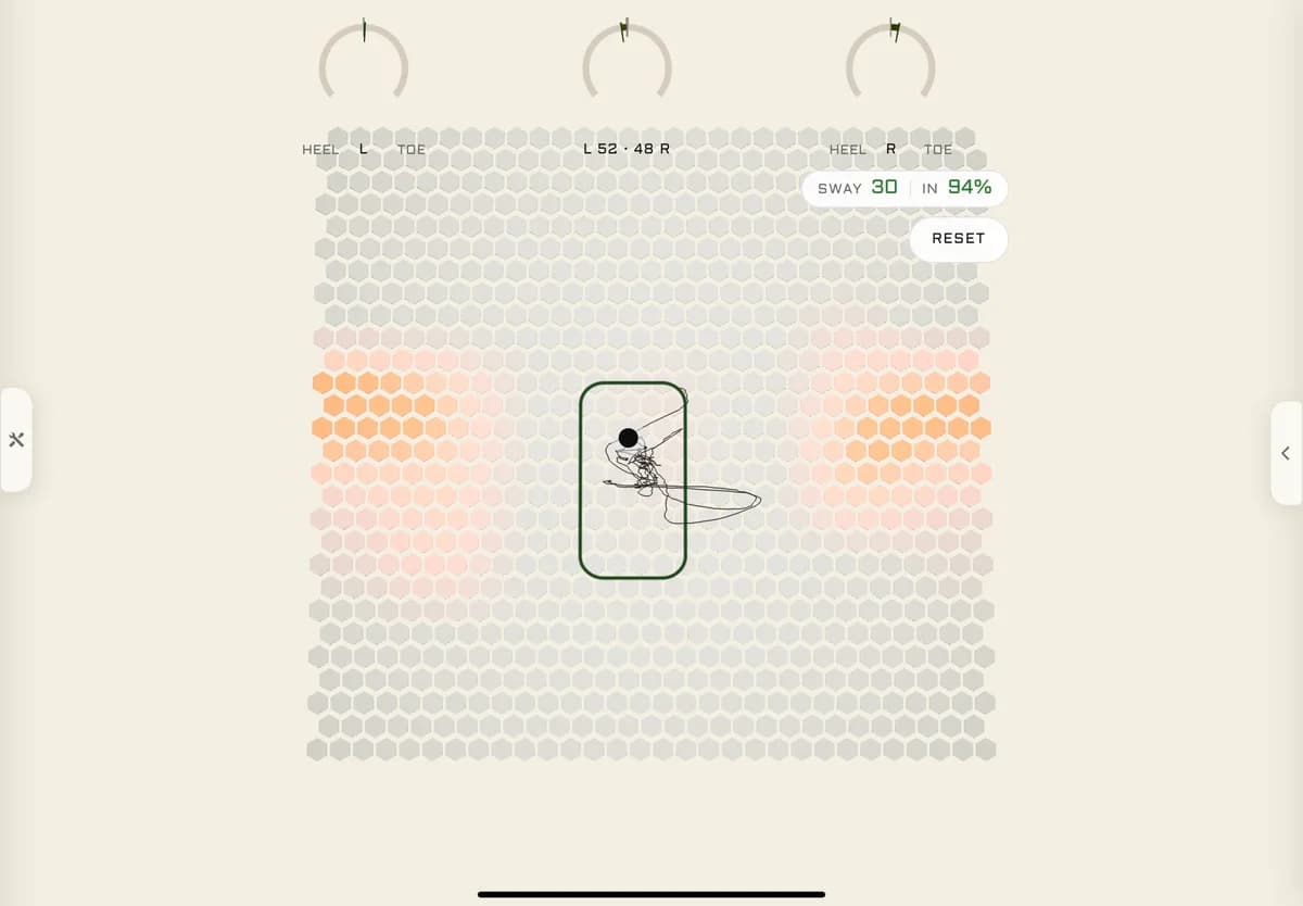 Vault One balance test on a phone: the centre-of-pressure trace over the pressure map