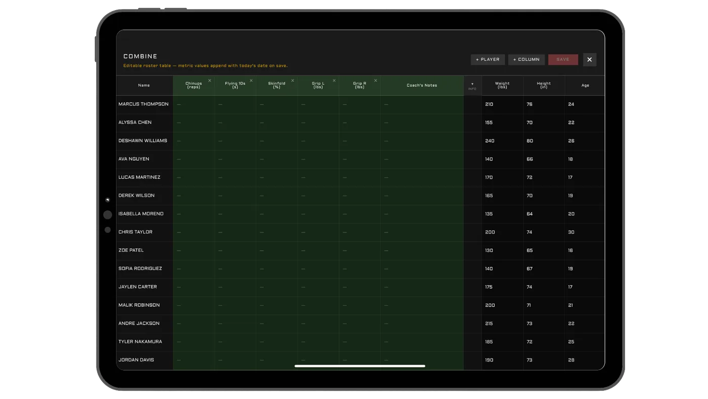 Team roster report listing athletes with their jump performance metrics